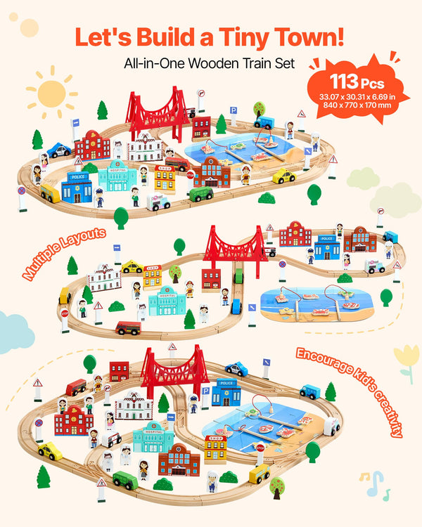 113PCS Wooden Train Set, for Kids Ages 3-8, Wood Train Track Toy with