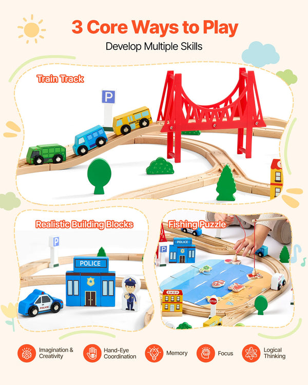 113PCS Wooden Train Set, for Kids Ages 3-8, Wood Train Track Toy with