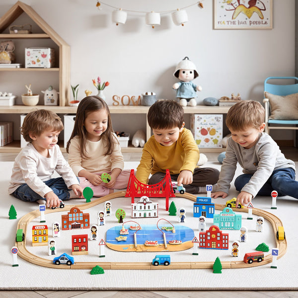 113PCS Wooden Train Set, for Kids Ages 3-8, Wood Train Track Toy with
